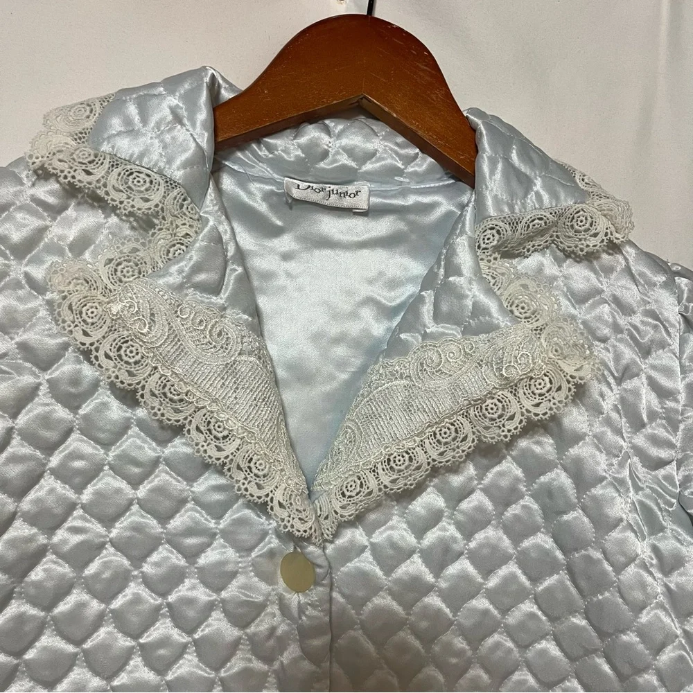Vintage Dior Junior Quilted Satin‎ Lace Trim Robe Coat Light Blue Hostess 1960s